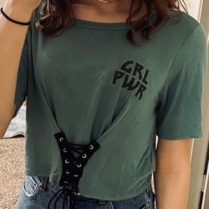 green crop with tie at bottom